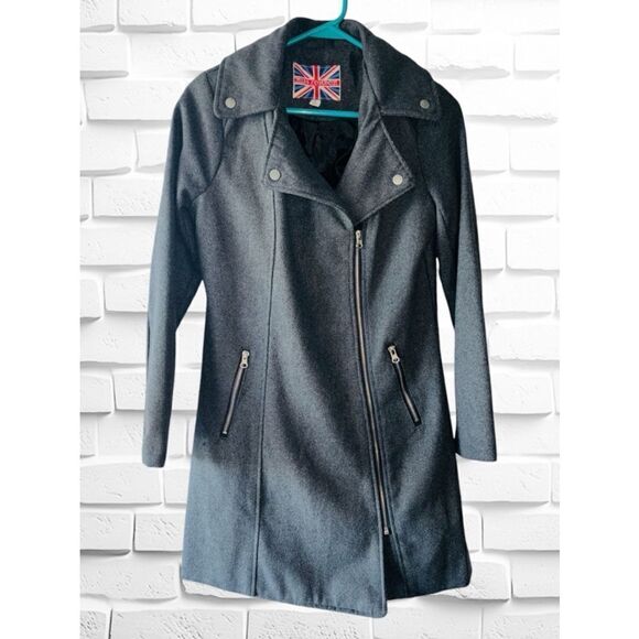 Miss London Jackets & Blazers - Miss London Womens Medium Charcoal Gray Asymmetric Zip Urban Mod Wool Blend Coat